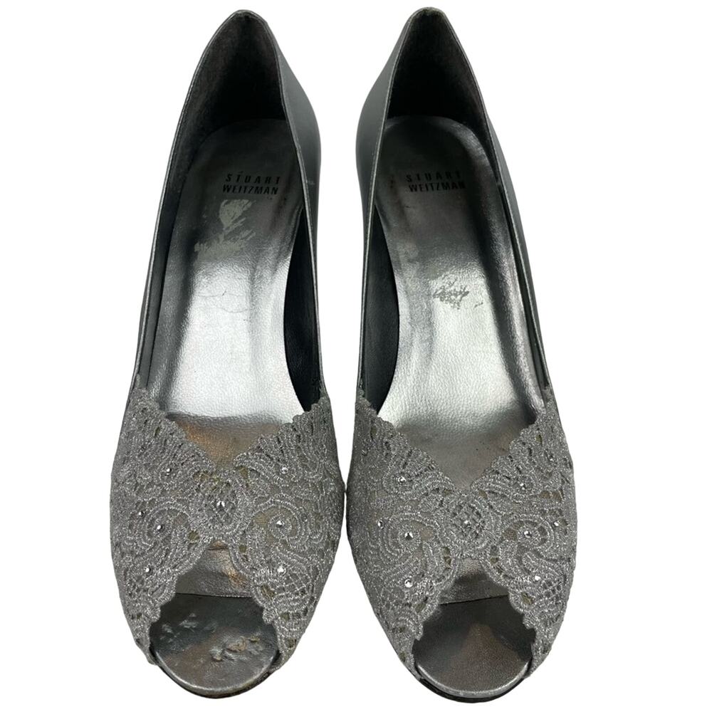 Stuart Weitzman Chantelle Chantilly Lace Alucha Silver Wedding Pump Size 10.5